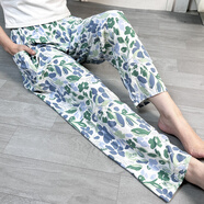 夏季新款棉綢睡褲女高腰沙灘褲人造棉外穿防蚊褲大碼家居空調長(cháng)褲 綠葉 XL 直筒褲   110-129斤