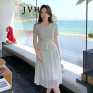JVH香港潮牌小香風(fēng)蕾絲連衣裙女 2025夏季新款假兩件提花修身收腰裙 杏色 3XL (建議145-160)斤