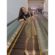 布舒瑤卡其色背帶短褲子女小個(gè)子夏季薄款寬松顯瘦時(shí)尚減齡牛仔五分褲潮 卡其背帶褲+黑色T恤 S 建議80-96斤