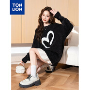 唐獅冬季新款女套頭圓領(lǐng)前胸提花長(cháng)袖毛線(xiàn)衫TB 黑色 S