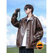 NUKM春秋季外套韓版潮流寬松皮衣男短款機(jī)車(chē)服青.年學(xué)生飛行員皮夾克 057拉.鏈棕色加絨加厚 XL 建議130-150斤左右當(dāng)日發(fā)貨