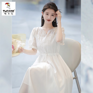 啄木鳥天絲連衣裙女法式2025年夏季新款高級感通勤氣質(zhì)名媛刺繡收腰裙子 白色裙子  XL 【120-135】