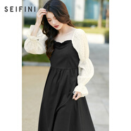 詩(shī)凡黎（'SEIFINI）詩(shī)凡黎假兩件連衣裙女新款波點(diǎn)泡泡袖拼接撞色法式茶歇長(cháng)裙 黑色 S 155/80A