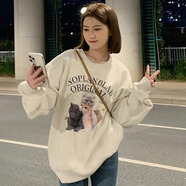 FOX.G女士衛衣純棉外套女春秋款2025新款女裝秋季穿搭衣服秋冬長(cháng)袖t恤 三只貓咪印花寬松衛衣白灰色 L 【建議130-150斤】
