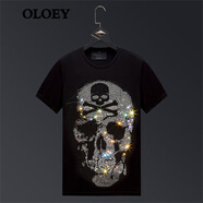 OLOEY 香港潮牌骷髏頭燙鉆短袖t恤男夏季新款潮流半袖修身大碼冰絲T恤 07黑色 XL