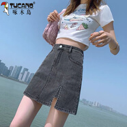 啄木鳥2025夏季女士開叉牛仔裙半身裙大碼高腰包臀裙防走光a字短裙褲裙 黑灰色 開叉短裙（帶內(nèi)襯） L 建議(108-118斤)