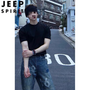 JEEP SPIRIT白敬亭同款黑色短袖t恤男春季新款正肩高級感痞帥百搭上衣潮 黑色【空白純色款】 S (推薦80-95斤)