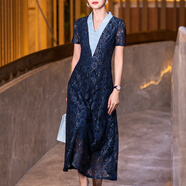 首尚格釋（SUSONGETH）夏季蕾絲連衣裙女2024新款時(shí)尚優(yōu)雅氣質(zhì)端莊中長(zhǎng)款v領(lǐng)顯瘦拼接裙 藍(lán)色 S
