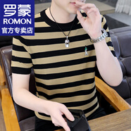 羅蒙（ROMON）冰絲短袖t恤男士夏季薄款速干條紋短袖男打底衫半袖上衣服男裝 WE937卡其 L （約100-120斤可穿）