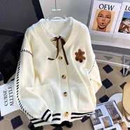 純邇小熊刺繡針織開(kāi)衫女外套秋冬新款毛衣女裝百搭寬松溫柔風(fēng)針織上衣 白色 常規(guī) M（建議穿95-110斤）