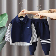 圓圓米米男童春款套裝男女寶寶純棉兩件套夏季衣服嬰兒童裝1-3歲4秋裝洋氣 YH休閑襯衫套藍色 90 碼適合80-85cm約1-2歲
