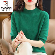 啄木鳥(niǎo)羊毛衫女半高領(lǐng)五分袖針織衫女毛衫打底衫套頭內搭半袖T恤百搭 綠色【半高領(lǐng)】 L 【121-140斤】
