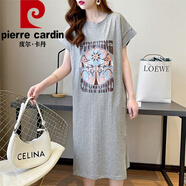 皮爾卡丹（pierre cardin）字母印花純·棉T恤裙女夏季新款寬松休閑顯瘦開(kāi)叉過(guò)膝裙短袖連衣 796--灰色 L 120到140斤