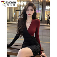 啄木鳥（TUCANO）氣質(zhì)高冷感輕奢高端撞色V領(lǐng)長袖連衣裙女秋冬新款修身顯瘦包臀裙 圖片色【重磅款】 【加厚莫代爾 M 【建議90-100斤】