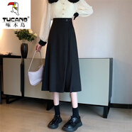 啄木鳥(niǎo)西裝裙半身裙女秋冬2025新款高腰百搭中長(cháng)款百褶裙垂感顯瘦a字裙 黑色 XL 建議(125-140)斤