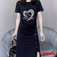 風曉薇夏季輕連衣裙重工新款裙子妹時尚中長款t恤女女裙子 036黑色燙鉆心/顯瘦遮肚子連衣裙 2XL 130-145斤/顯瘦遮肚子連衣裙