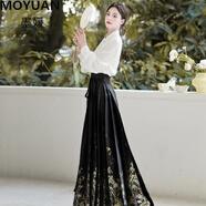 墨媛（MOYUAN）2024年春秋季新款女士馬面裙全套裝中式國(guó)風(fēng)長(zhǎng)袖襯衫連衣裙小個(gè)子 9596白衣+9589黑金裙 M (建議：98-108斤)