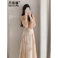 丹珠娜新款連衣裙女裝茶歇法式桔梗長(cháng)裙子溫柔風(fēng)藍色雪紡碎花吊帶裙子女 3302開(kāi)衫+吊帶裙 L