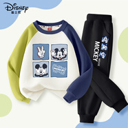 迪士尼寶寶兒童套裝春季2025新款潮童裝兩件套休閑男女童運動(dòng)衛衣衛褲 迪四方塊綠藍+迪框框米奇K黑 110