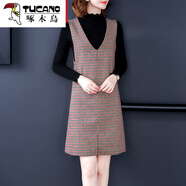 啄木鳥(niǎo)（TUCANO） 馬甲背帶裙女秋冬長(cháng)袖毛呢背心裙子秋冬兩件套套裝打底連衣裙 紅格套裝 M