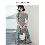 法曼萱（FAMANXUAN）藍(lán)色格子短袖連衣裙女小個(gè)子2025夏天新款氣質(zhì)女神范設(shè)計(jì)感長(zhǎng)裙 塔爾文達(dá)黑白格 L 170/92A