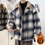 魄克麂皮絨棉服男冬季美式復(fù)古潮牌機(jī)車服棉衣加絨加厚保暖羊羔毛外套 A088-MN102藍(lán)格 M 105-120斤