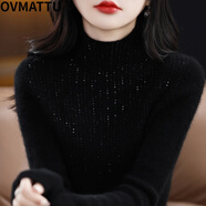 歐麥圖（OVMATTU）高端品牌羊毛衫女半高領(lǐng)鑲鉆長袖套頭毛衣秋冬無縫羊毛針織打底衫 黑色 L