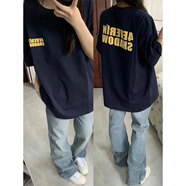 魯雅爾字母印花短袖T恤女夏季新款韓系ins純棉打底衫美式復古內搭上衣服 藏青色 L 建議100斤到120斤