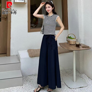 皮爾卡丹（pierre cardin）2025夏季新款時尚條紋無袖背心上衣腰帶蝴蝶結(jié)闊腳褲兩件套女裙褲 藍(lán)色 兩件套 M 建議穿90-110斤左右
