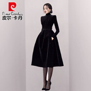 皮爾卡丹（pierre cardin）時尚洋氣減齡法式氣質輕熟女裝2025秋冬新款長袖大擺金絲絨連衣裙 黑色 M