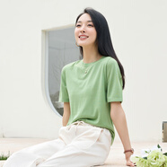 春竹2025夏季新款純色圓領基礎百搭氣質針織半袖小衫T恤女短袖上衣 蘋果綠 L