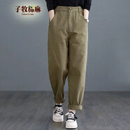 子牧棉麻秋裝 女韓版百搭哈倫褲工裝褲蘿卜寬松休閑褲8084 卡其色 M(建議100斤以?xún)?