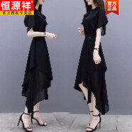 恒源祥2025夏季女裝新款修身中長(cháng)裙短袖不規則氣質(zhì)名媛黑色雪紡連衣裙女 2XL(135-155) 均碼 黑色