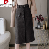 皮爾卡丹（pierre cardin）毛呢半身裙女秋冬新款包裙高腰顯瘦中長款開叉包臀裙加厚一步裙 深灰紐扣 S 建議95斤以下