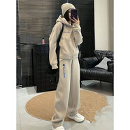 冠軍閃電美國重磅賣(mài)萌休閑運動(dòng)套裝女秋冬季時(shí)尚洋氣加絨連帽衛衣闊腿褲兩 奶茶色套裝現貨 L