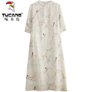 啄木鳥(niǎo)（TUCANO）中國風(fēng)苧麻連衣裙女2025春夏復古棉麻時(shí)尚印花立領(lǐng)盤(pán)扣改良旗袍裙 圖片色 2XL 130-145斤