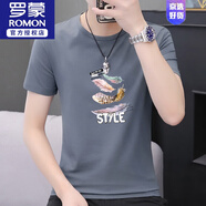 羅蒙（ROMON）2025夏新款男士圓領(lǐng)印花短袖t恤潮流修身半袖冰絲上衣服男裝體恤 S2080藍灰 XL 130-145斤