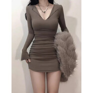 娂奾純欲風(fēng)V領(lǐng)修身長(cháng)袖打底連衣裙女小個(gè)子春秋御姐穿搭緊身包臀夜店 主圖款 L  建議105-120斤