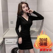 事思加絨秋冬連衣裙新款薄絨開(kāi)叉V領(lǐng)設計感修身長(cháng)袖包臀顯瘦收腰 黑色V瓴加絨款薄絨 XL 116-125斤