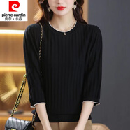 皮爾卡丹（pierre cardin）23年新款春夏新款女裝中袖t恤薄針織衫寬松洋氣小衫七分袖上衣女 黑色【版】 M 建議95-110斤