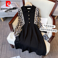 皮爾卡丹（pierre cardin）大l碼女裝2025春秋新款千鳥(niǎo)格雪紡拼接假兩件顯瘦針織長(cháng)袖連衣裙 圖片色 XL 【建議120-140斤】