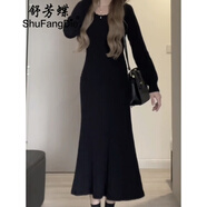 舒芳蝶（shufangdie）針織打底連衣裙女秋冬2024新款溫柔風(fēng)氣質(zhì)收腰顯瘦內(nèi)搭毛衣長裙子 黑色連衣裙 均碼（建議80-140斤）