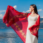 PEARL DIARY夏季沙漠旅游防曬披肩民族風(fēng)圍巾女沙灘鹽湖絲巾時(shí)尚棉麻紗巾頭巾 刺繡梧桐花【棗紅色】