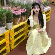 斤慕黃色吊帶連衣裙女2025春夏新款甜美蕾絲長(zhǎng)裙海邊碎花A字裙子 波點(diǎn)吊帶連衣裙淡黃M 80-100斤