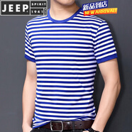 JEEP SPIRIT夏季短袖男裝黑白色橫條紋體恤?；晟兰兠捱\(yùn)動(dòng)半袖復(fù)古聚會(huì)衫 藍(lán)色 XL
