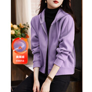 德瑪納加厚絨御寒冬通勤連帽溫潤0負(fù)擔(dān)百搭針織外套女短款 紫色加絨 L 