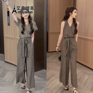 艾美琦美（AIMEIQIMEI）法式復古時尚格子上衣休閑褲女裝套裝夏季2024洋氣減齡寬松闊腿褲 黑咖格【短袖】套裝 S