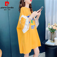 皮爾卡丹（pierre cardin）中長(zhǎng)款短袖T恤花邊韓版設(shè)計(jì)感小眾上衣大碼女裝2025夏季新款減齡 黃色 L 建議 115-140斤穿