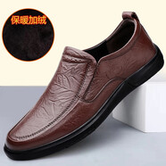 富貴鳥(niǎo)皮鞋男款秋季真皮休閑鞋男士黑色商務(wù)正裝增高鞋軟皮內增高男鞋 棕色套腳加絨創(chuàng  )鑫FG2259 40