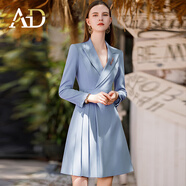 AD時(shí)髦煙紫色西裝連衣裙秋季新款女裝連身A字裙OL通勤職業(yè)裝 藍色連衣裙 S